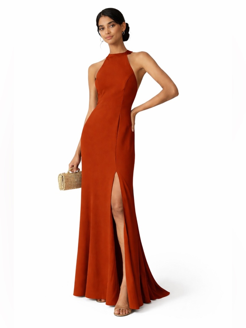BHLDN Anthropologie Serephina Crepe Maxi Dress Rust High Neck Open Back US 4
